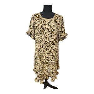 LS Womens Brown Animal Print Short Ruffle Sleeve Round Neck Short Summer Dress L